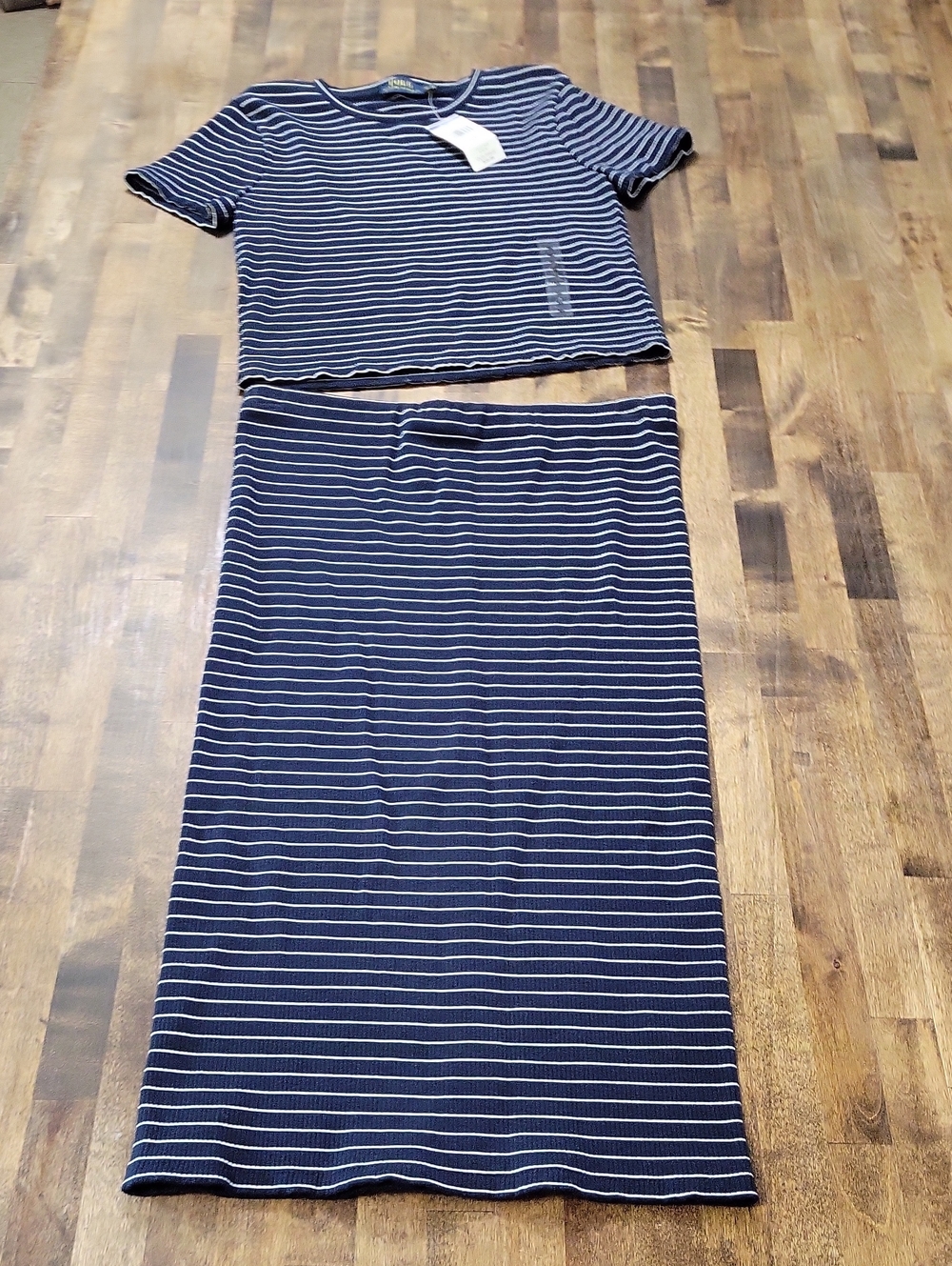 Ralph Lauren Navy and White Striped Two-Piece Midi Set Size Medium